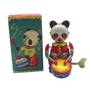 Vintage Clockwork Wind Up Panda Drummer w Key in Original Box